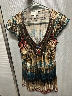 dressbarn Beaded V-Neck Tunic in Teal, Brown and Coral